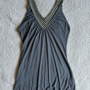 Gray Sleeveless Top with Embellished Neckline